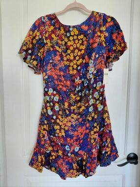 Anthropologie Floral Ruffle Mini Dress Boho Cottagecore Romantic Bow Back